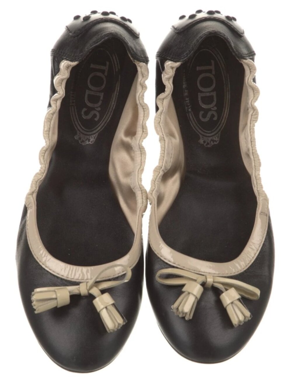 Tod’s Leather Ballet Flat Shoes Tasseled Black/Cream